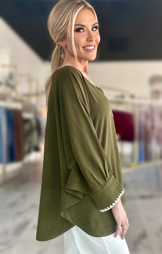 Contrast Stitching Batwing Sleeves Oversized Top
