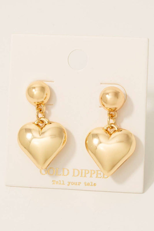 Gold Dipped Rounded Heart Dangle Earrings