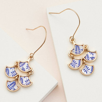 Floral Inlay Design Gold & Blue Mother of Pearl Drop Earrings