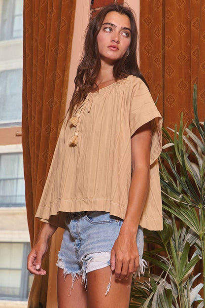 Bucketlist Adjustable Tie Front Solid Stripe Textured Top