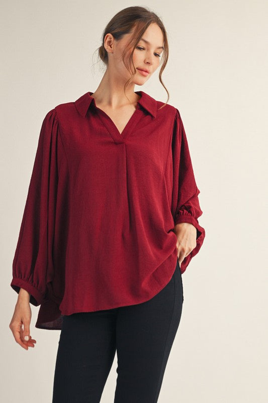 Batwing Sleeves Crinkled Top W/ Front Pleat Detail