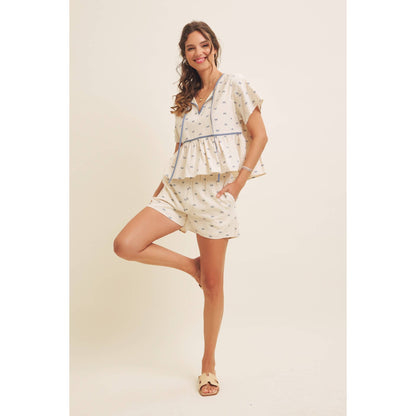 Cute Bow Printed Linen-Like Comfy Shorts With Stretchy Waist