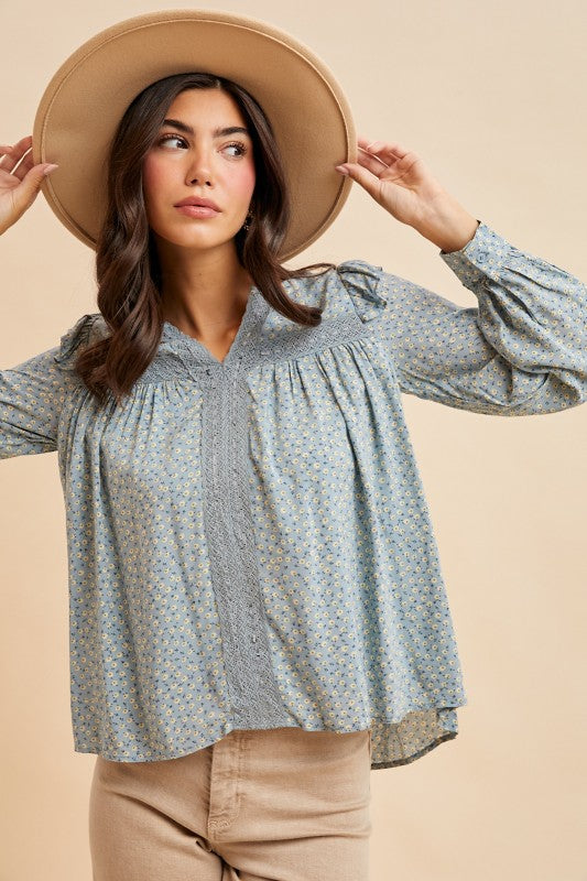 Chambray Ruffle Shoulder V Neck Long Sleeve Blouse