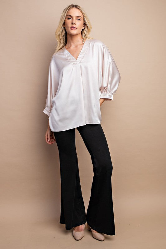 Esme Satin V-Neck Blouse in Ecru