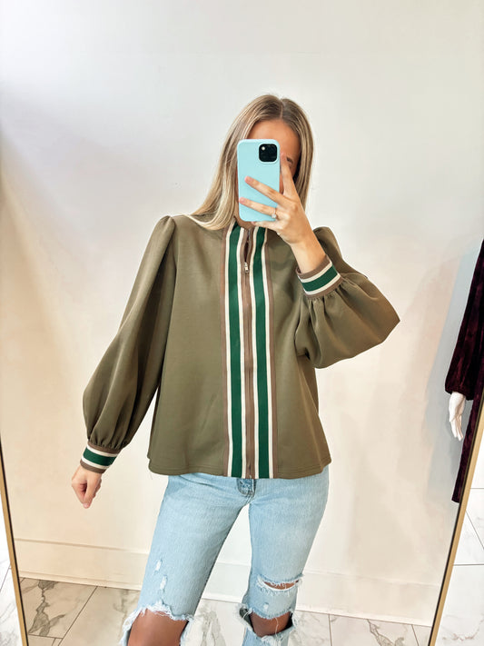 Color Rib Band Trim Accent Casual Zip Up Top