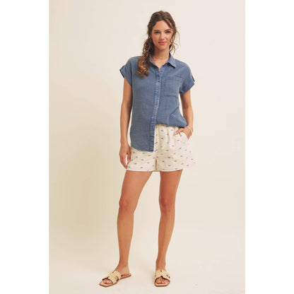 Cute Bow Printed Linen-Like Comfy Shorts With Stretchy Waist