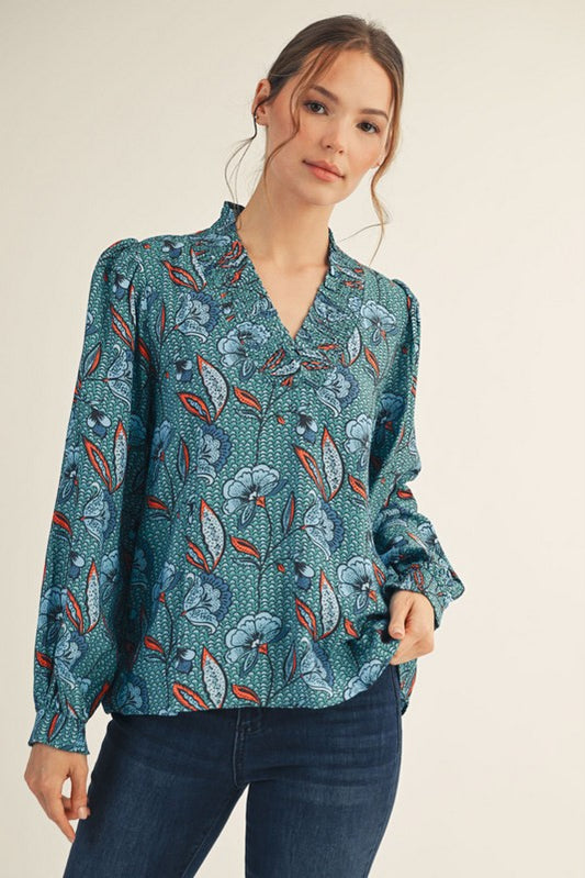 Long Puff Sleeves V-Neck Floral Top