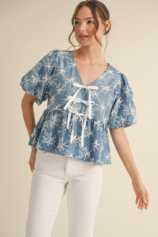Danielle Denim Flower Embroidered Top