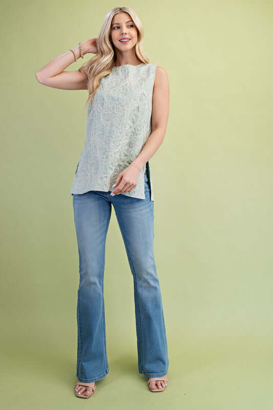 Embroidered Sleeveless Round Neck Top with Side
Slits