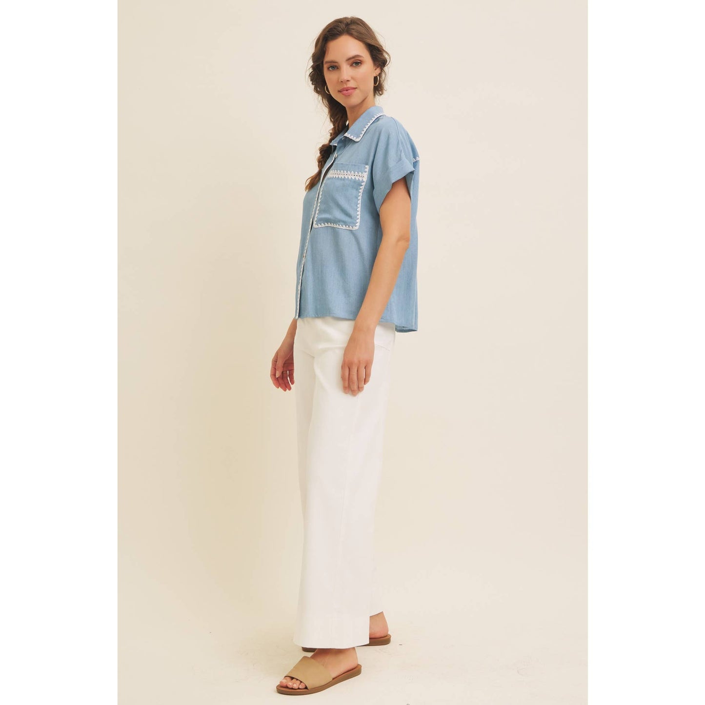 Washed Chambray Button-Down Shirt With Stitching