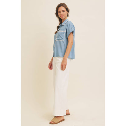 Washed Chambray Button-Down Shirt With Stitching