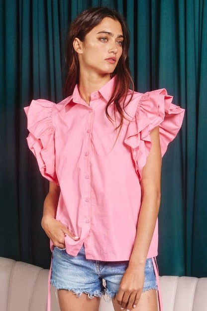 Bucketlist Tiered Ruffle Sleeve Solid Shirt Blouse