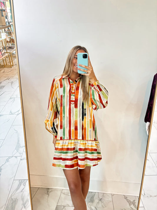 Abstract Striped Long Sleeve Dress In Brick