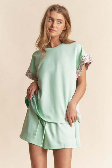 Floral Print Short Sleeve Top And Shorts Set-Mint/Floral