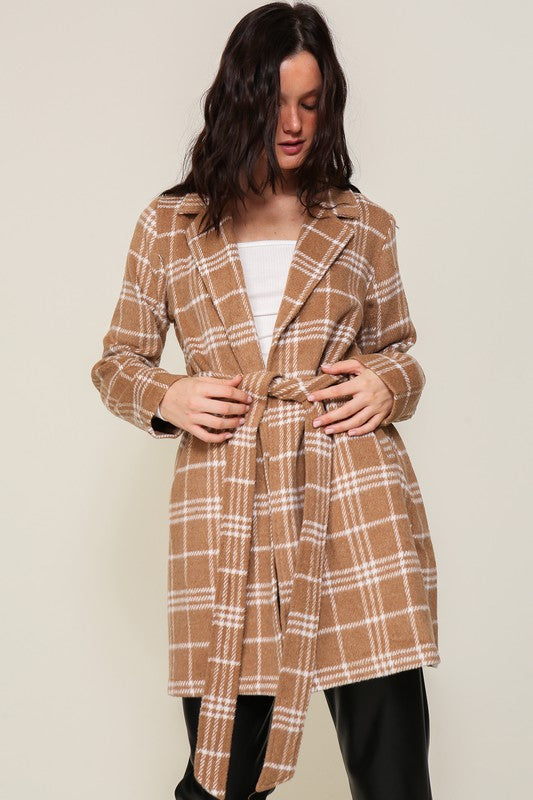 Plaid Print Open Front Cozy Coat