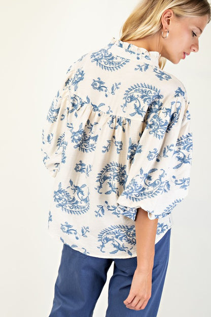 Angelia Button Down Top with 3/4 Length Sleeves in Blue Floral