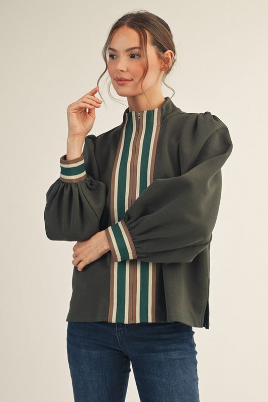 Color Rib Band Trim Accent Casual Zip Up Top