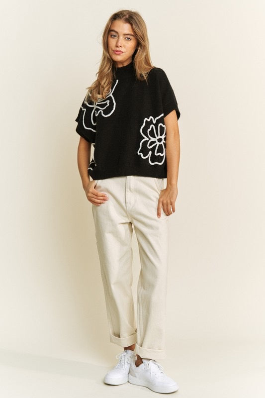 Melissa Flower Embroidered Top in Black