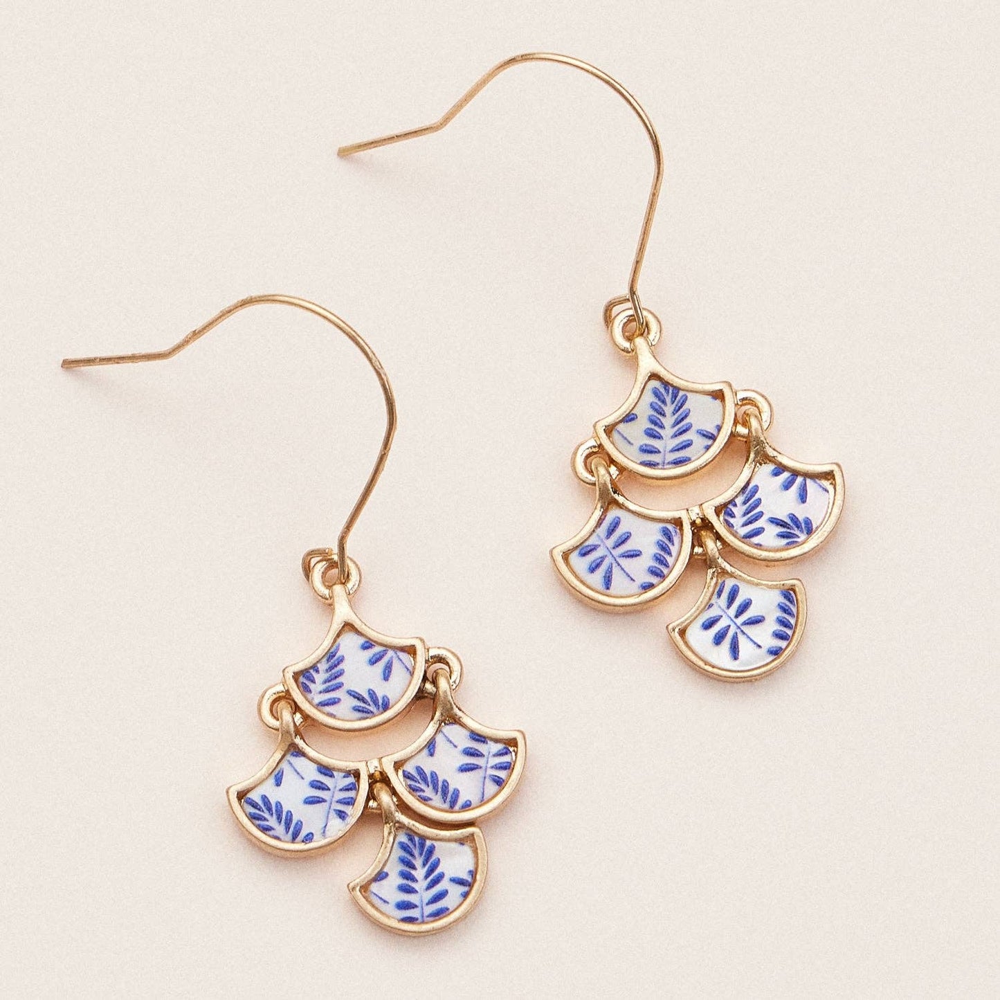 Floral Inlay Design Gold & Blue Mother of Pearl Drop Earrings