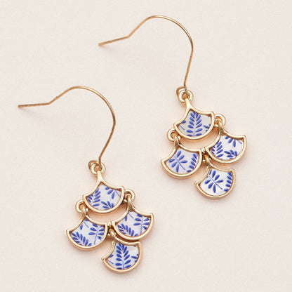 Floral Inlay Design Gold & Blue Mother of Pearl Drop Earrings