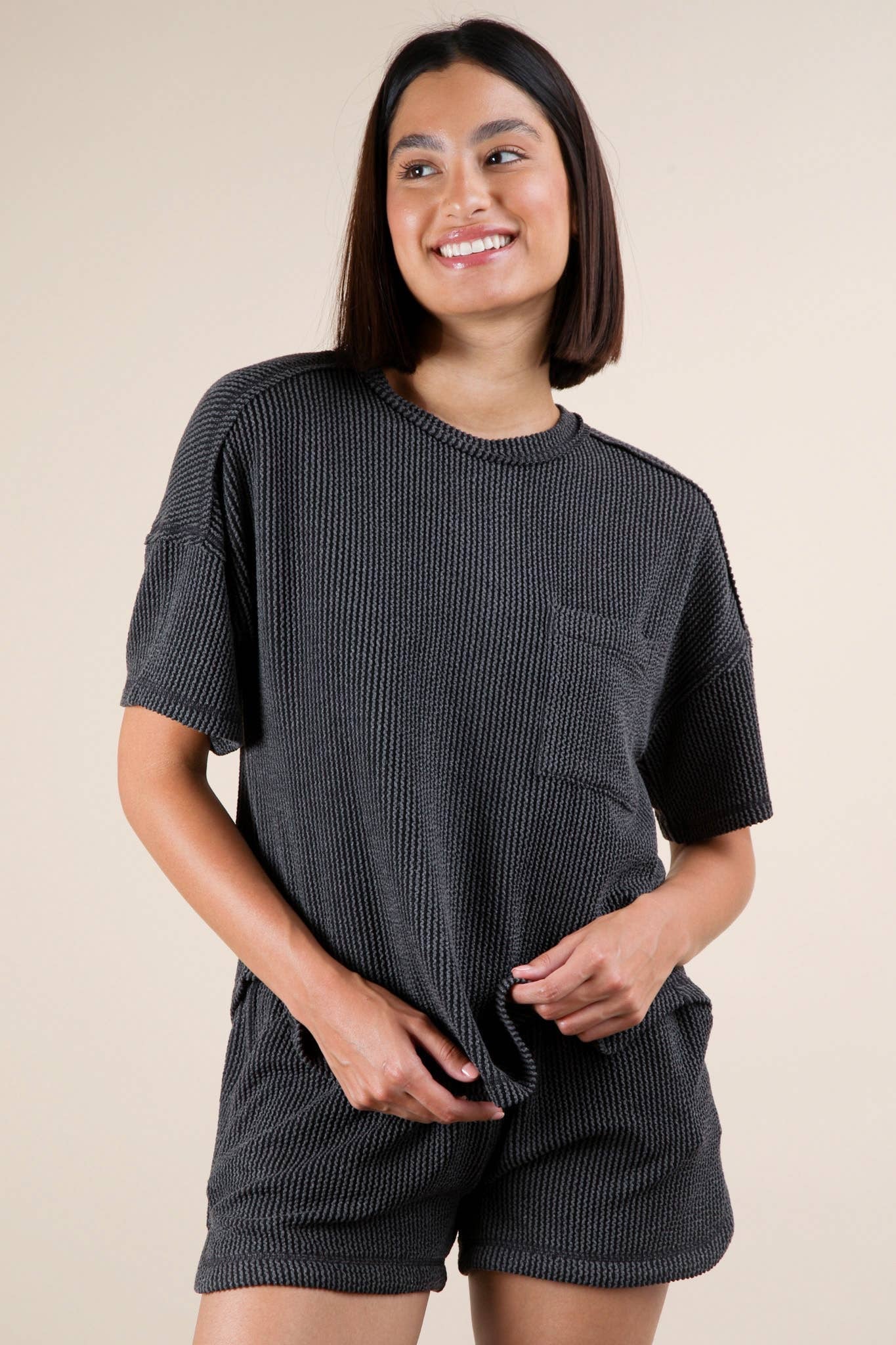 Nadia Oversized Two Tone Double Knit Top & Shorts Charcoal