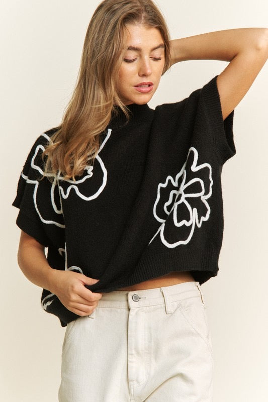 Melissa Flower Embroidered Top in Black