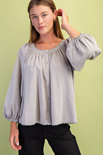 Gray Gathered Button Down Blouse