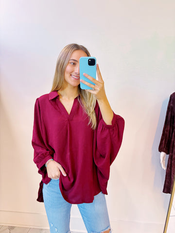 Batwing Sleeves Crinkled Top W/ Front Pleat Detail