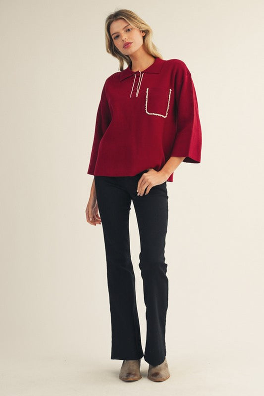 Pearl Accent Polo Sweater Top