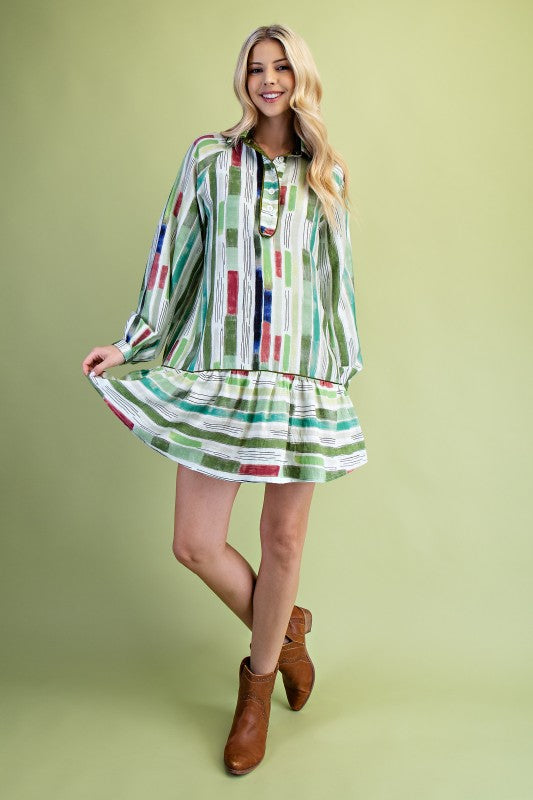 Abstract Striped Long Sleeve Dress In Olive