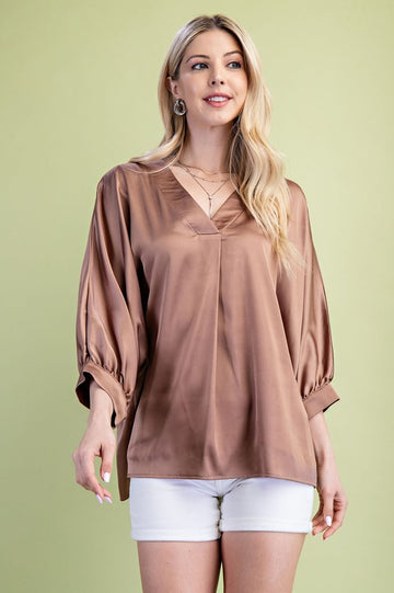 Esme Satin V-Neck Blouse in Coffee
