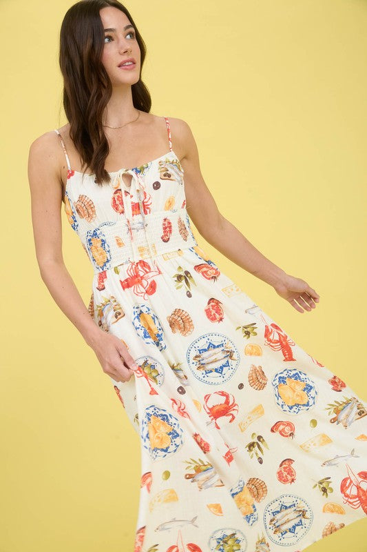 Seaside Lunch Print Spaghetti Strap Midi Dress