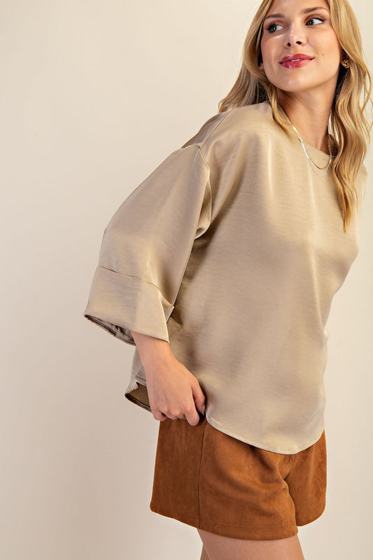 Satin Wide Cuffed Sleeve Top in Champagne