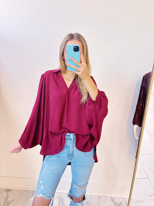 Batwing Sleeves Crinkled Top W/ Front Pleat Detail
