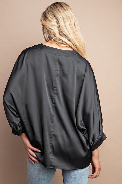 Savanna Satin V-Neck Loose Fit Blouse (Ash)