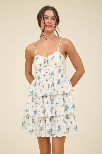Justine Floral Front Lace Up Ruffle Tiered Mini Dress