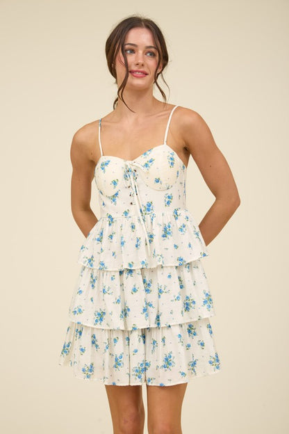 Justine Floral Front Lace Up Ruffle Tiered Mini Dress