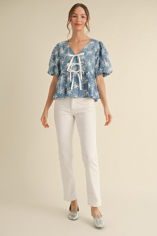 Danielle Denim Flower Embroidered Top