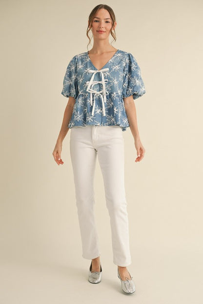 Danielle Denim Flower Embroidered Top