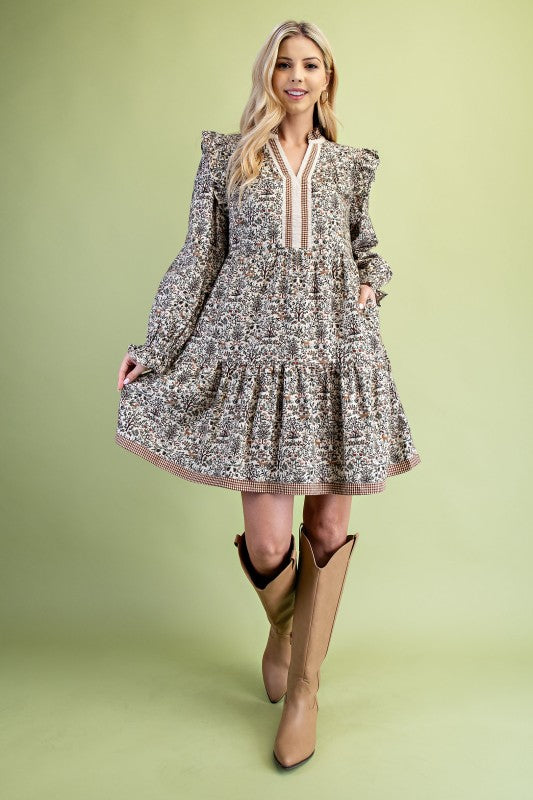 Vintage Woodland Print Tiered Dress