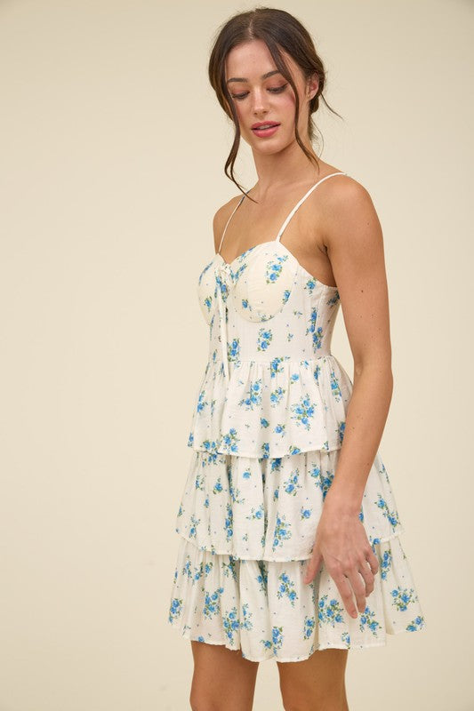 Justine Floral Front Lace Up Ruffle Tiered Mini Dress