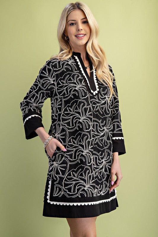Embroidered Notch Neck Dress with 3/4 Length Sleeves