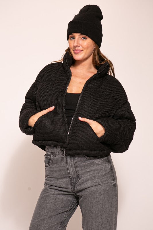 Black Textured Puffer Coat