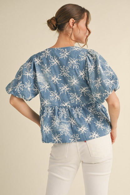 Danielle Denim Flower Embroidered Top
