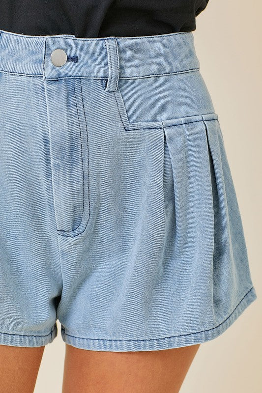Jackie Double Pleat Detail Fit & Flare Denim Shorts