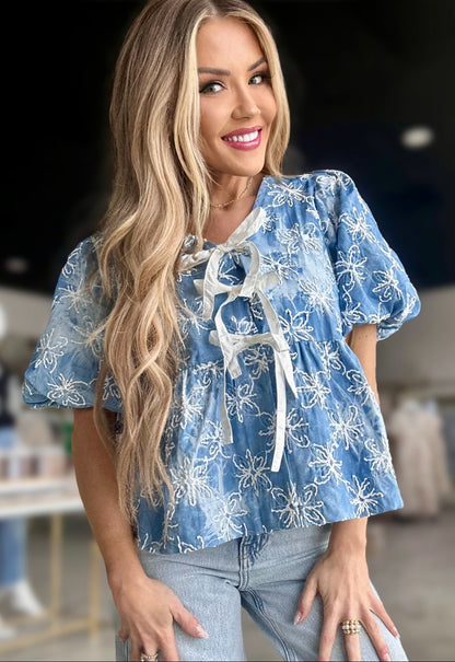 Danielle Denim Flower Embroidered Top