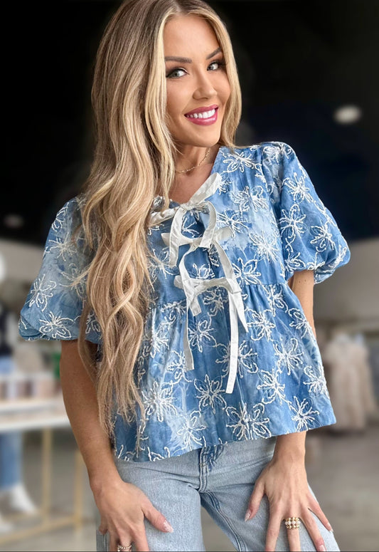 Danielle Denim Flower Embroidered Top