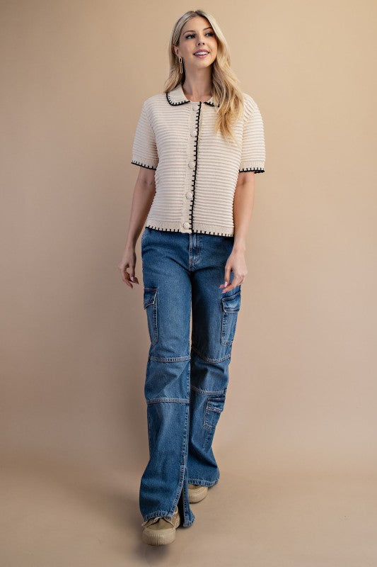 Textured Knit Short Sleeve Button Up Cardigan