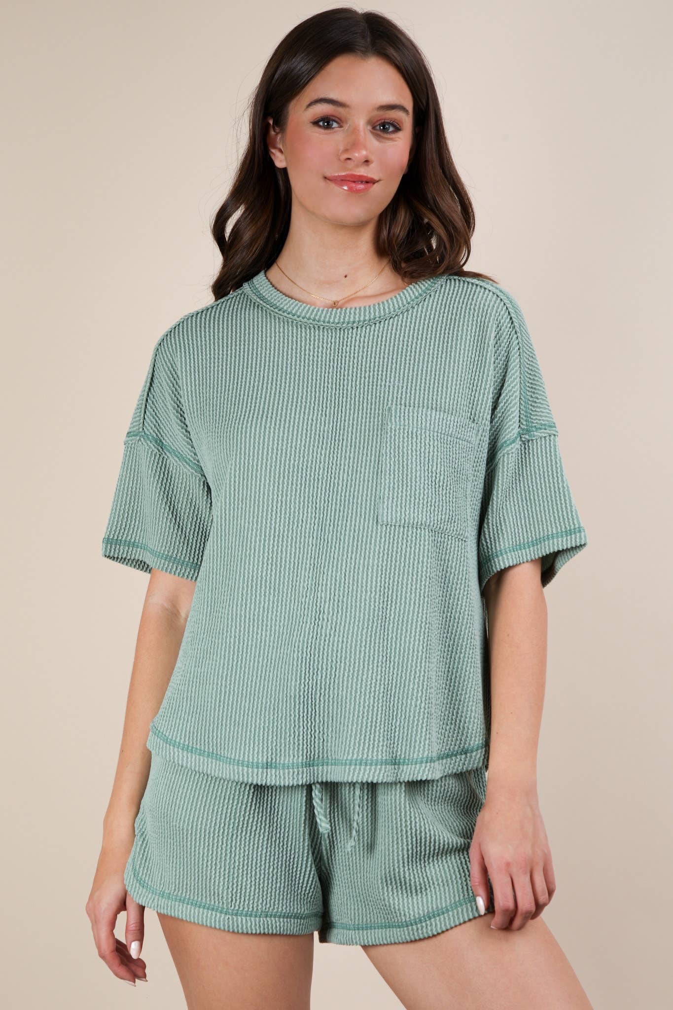 Nadia Oversized Two Tone Double Knit Top & Shorts Sage