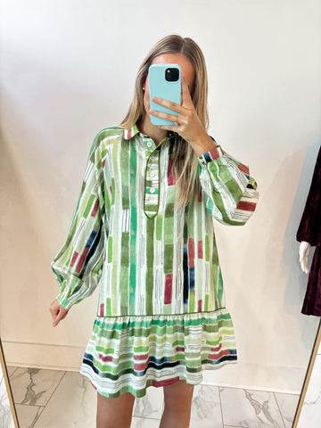 Abstract Striped Long Sleeve Dress In Olive